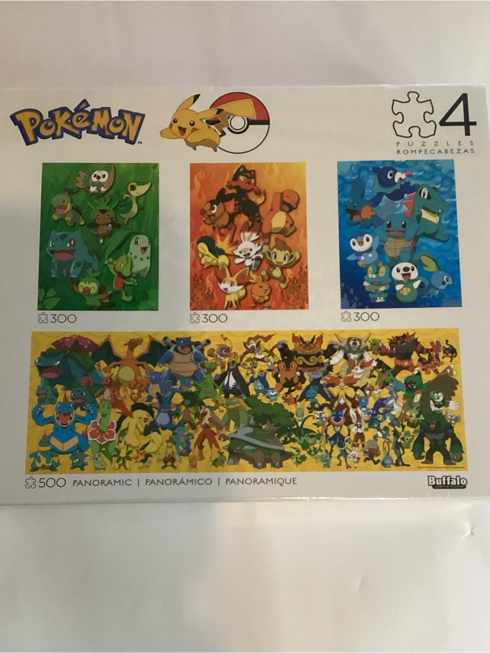 New Sealed Buffalo Games -4 in 1 Multipack - Pokemon 500 Puzzles,fire,water,gras